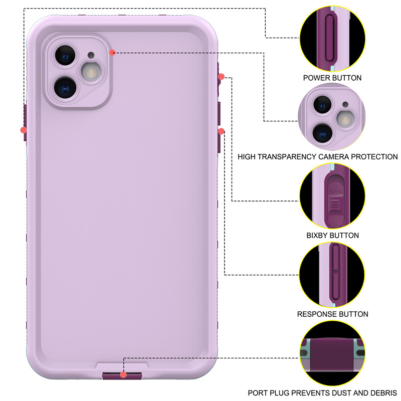 เปลือกกันน้ำกันน้ำอย่างเต็มที่กันน้ำ iPhone11 สีม่วงกับฝาหลังสีทึบ